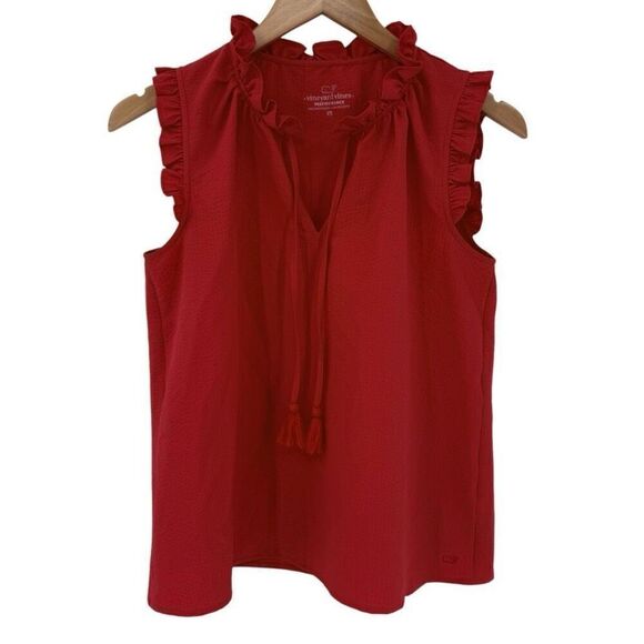 Vineyard Vines Seersucker Ruffle Popover Sleeveless Top Women XS Red 2W001643 - Picture 1 of 6
